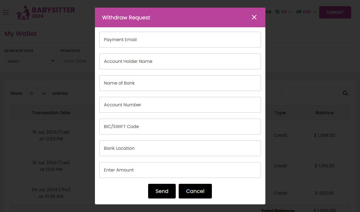 Babysitter - Payment Withdraw Request