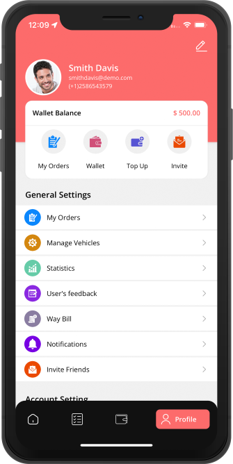 delivery driver app menu