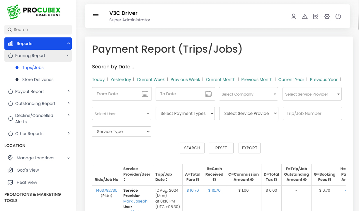 Payment Report (Trips/Jobs)