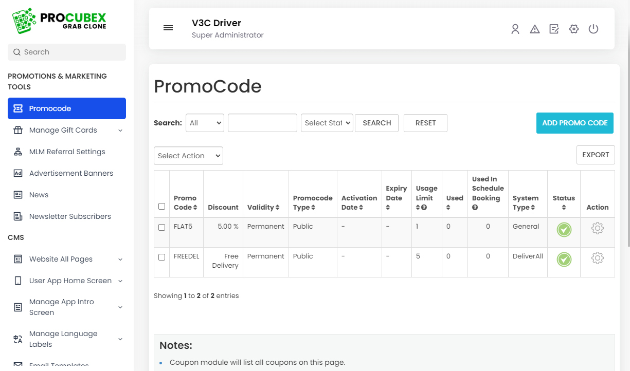 Manage Promocodes