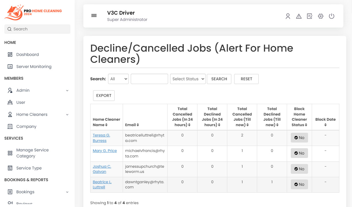 Decline/Cancelled Jobs Alert For Home Cleaners