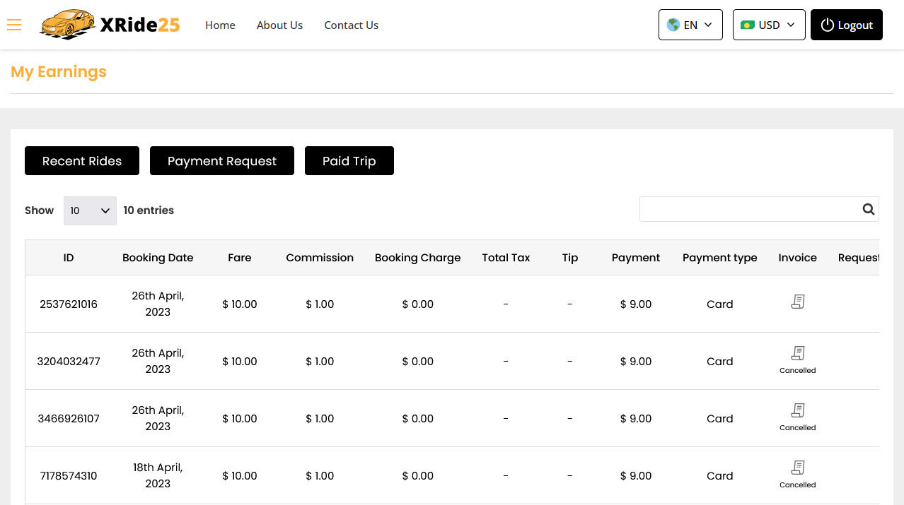 Driver Panel Total Earning Reports Screen