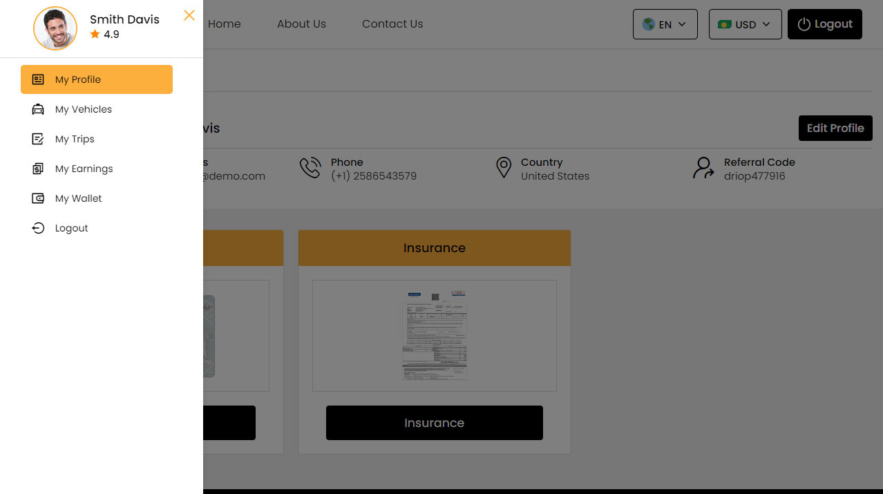 Driver Panel Profile Menu